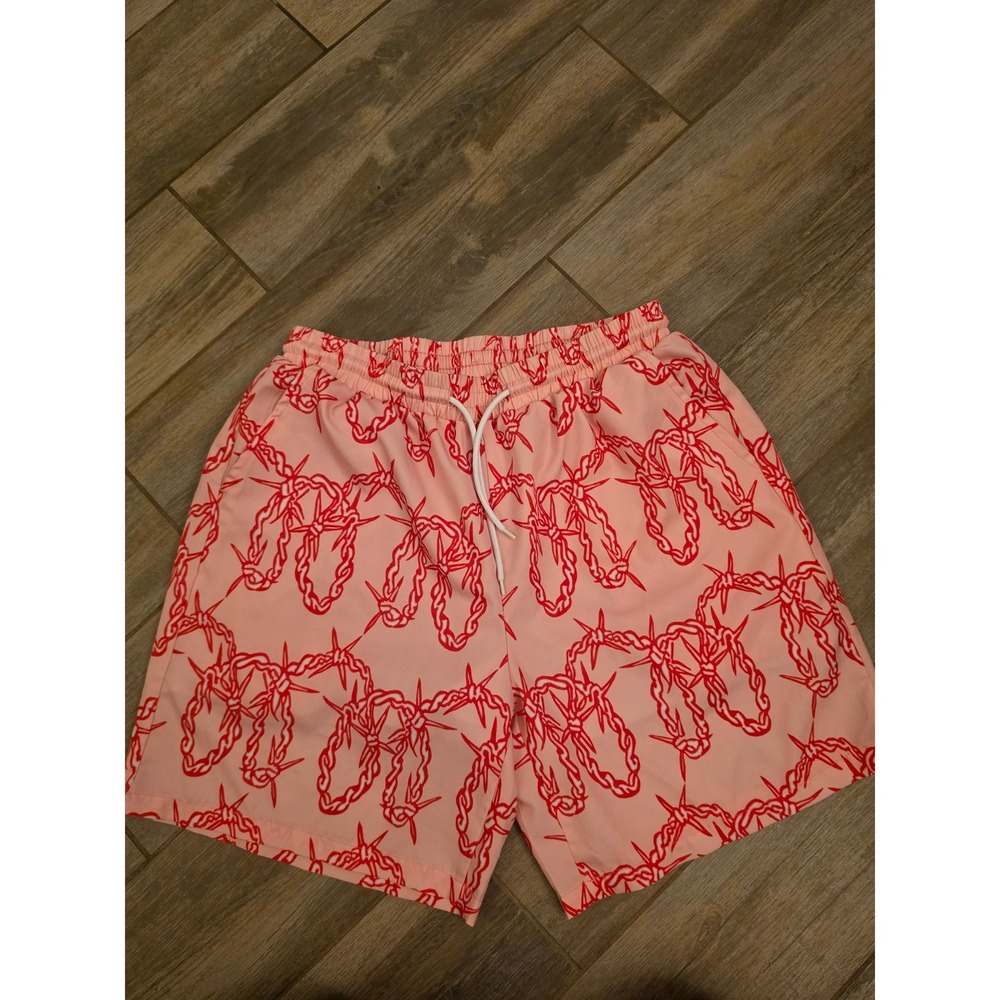 Pink Barbed Wire Print Swim Trunks Mens Small Red Chain Graphic Board Shorts